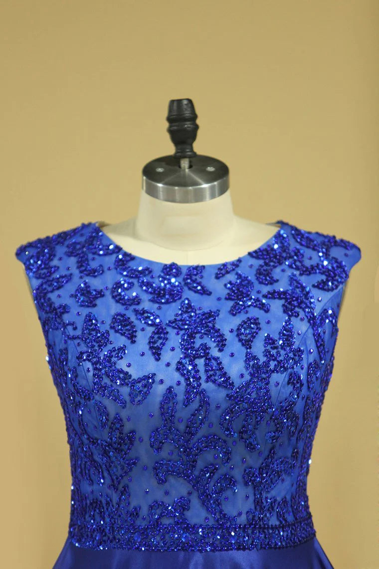 A Line Party Dresses Scoop Dark Royal Blue Satin Cap Sleeves Floor-Length
